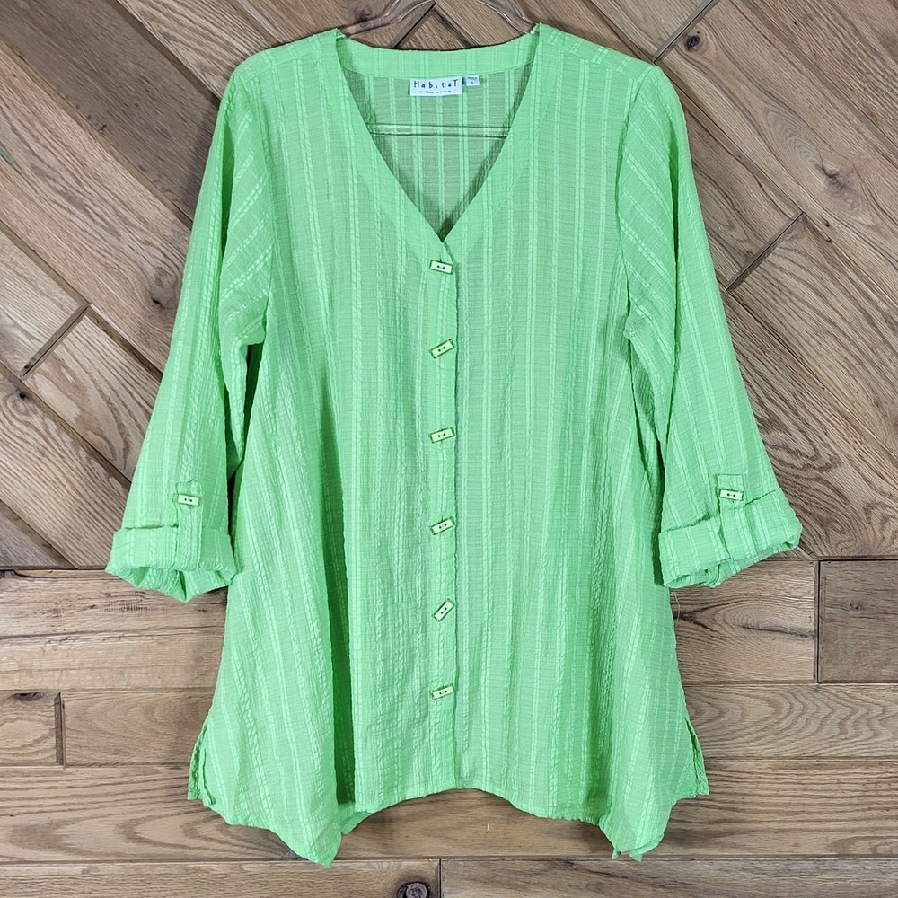 Habitat Tunic Top Women L 3/4 Sleeve Button Front Textured Seersucker Lime Green